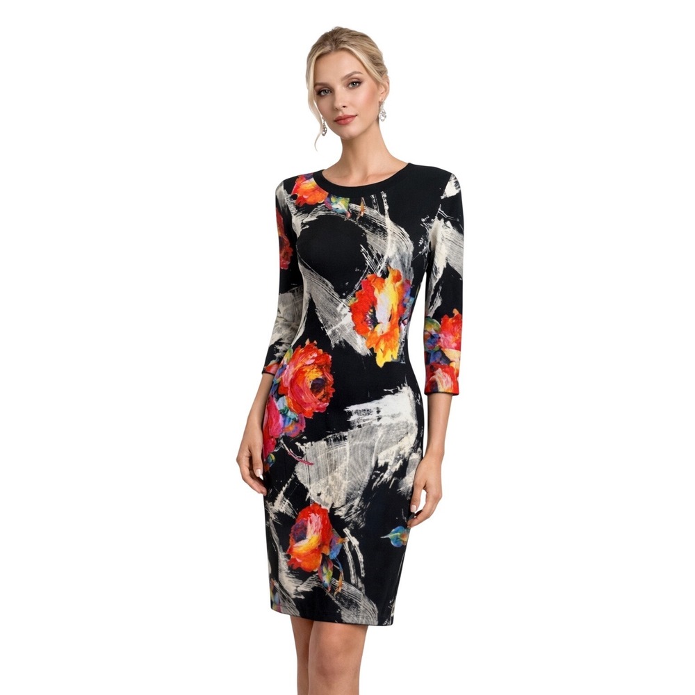 ABS Allen Schwartz Floral Sheath Dress Abstract Print Cocktail Career Midi Dress